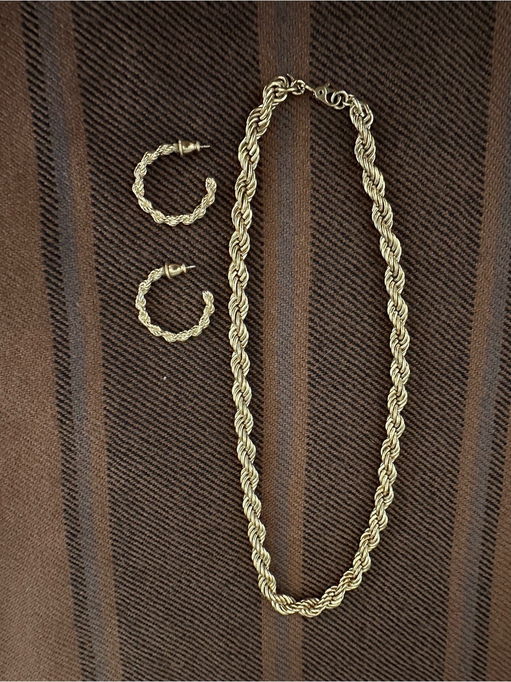 Vintage Monet Gold-Tone Twisted Rope Necklace and Hoop Earrings Set